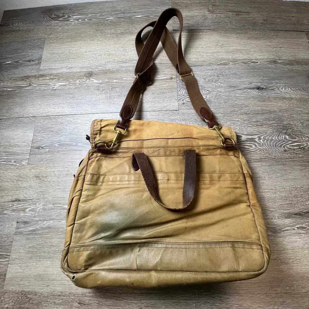 J.Crew Abingdon Messenger Bag Men OS Khaki Waxed Canvas Leather Laptop Briefcase